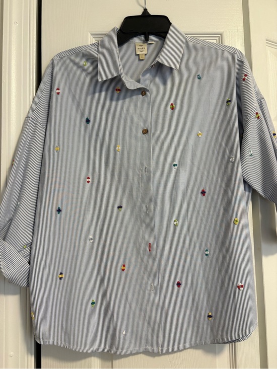 Seen Worn Kept Tops - Blue Stripe Bean-Embroidered Button-Down Shirt